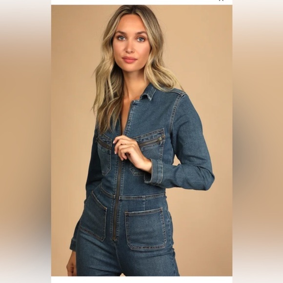 Free People Lennox medium wash‎ blue denim jeans utility Jumpsuit size large new - Picture 4 of 7